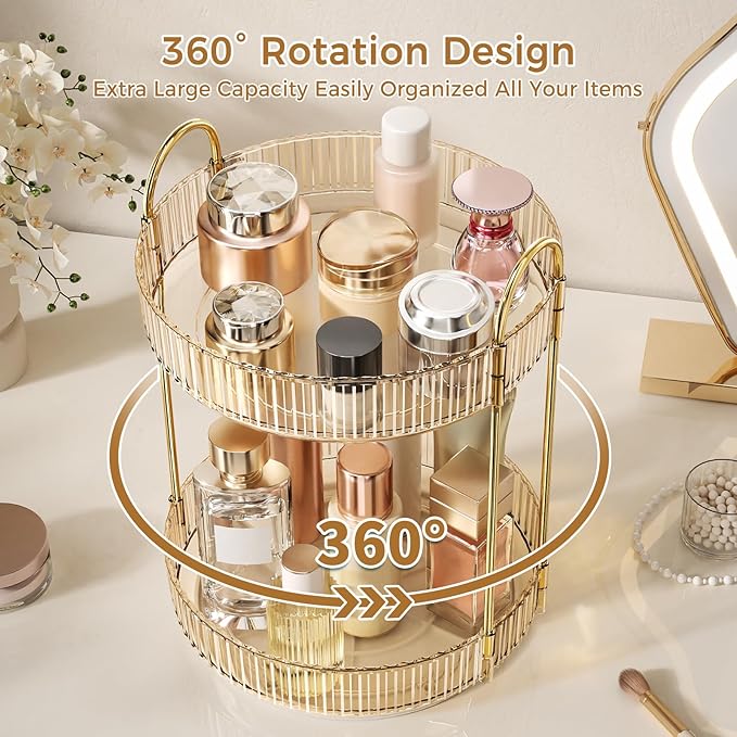 360° Rotating Makeup Organizer, Large Capacity Skincare Organizer, 2 Tier Cosmetic Skin Care Perfume Dresser Organizer, Fits Cosmetics, Perfume, Skin Care, Lipstick