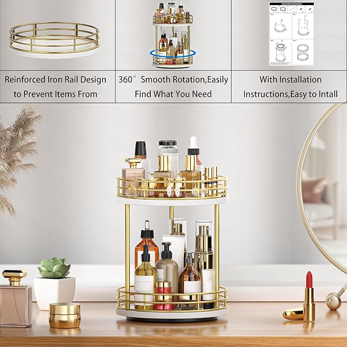 2-Tier Rotating Bathroom Countertop Organizer, Wooden Makeup Vanity Storage, Multifunctional Lazy Susan Turntable for Skincare, Perfume and Cosmetics (White-Gold)
