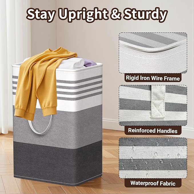 WOWBOX 2 Pack Laundry Baskets, Laundry Hampers, Freestanding Dirty Clothes Hampers with Reinforced Handles & Cross Stitch & Waterproof Coating, for Laundry Bedroom Bathroom Dorm,75L Grey