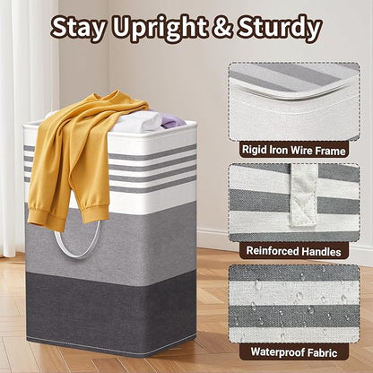 WOWBOX 2 Pack Laundry Baskets, Laundry Hampers, Freestanding Dirty Clothes Hampers with Reinforced Handles & Cross Stitch & Waterproof Coating, for Laundry Bedroom Bathroom Dorm,75L Grey