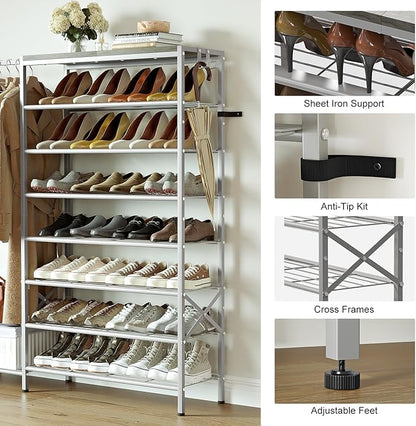 Shoe Rack with Coat Rack, 8 Tier Tall Shoe Storage Organizer with Hooks, 3-in-1, Wooden Top Shelf, Sturdy Frame, Metal Clothes Hanger Stand for Entryway, Closet, Silver
