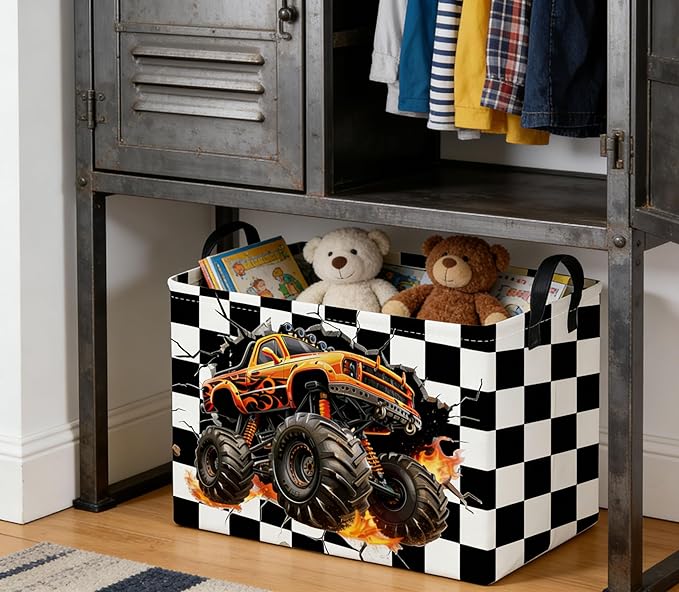 Sanjiaofeng Rectangular Monster Truck Basket for Kids,Baby Storage Bins with Handles for Car Decor,Racing Storage Bin,Cute Toy Storage Organizer for Boys and Girls,Car Room Decor(Racing flag)