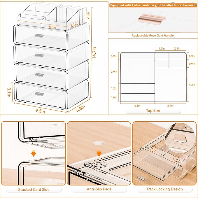 Yieach 5 Tier Clear Acrylic Makeup Organizers with Drawers,Tiered Countertop Make up Storage Organizer for Dresser Top and Bathroom Vanity,Plastic Makeup Stand for Brush,Skincare,Beauty Organizers