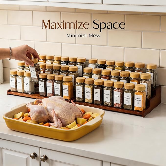 Bamboo Spice Rack，3-Tier Spice Rack Organizer for Cabinet or Pantry (Walnut, L)