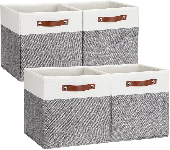 DULLEMELO Storage Cubes 12 inch, Collapsible Sturdy Cube Storage Bins With Handles for Organizing,Fabric Storage Baskets for Shelves Nursery Closet Home Organization and Storage (White&Grey-4 Pack)