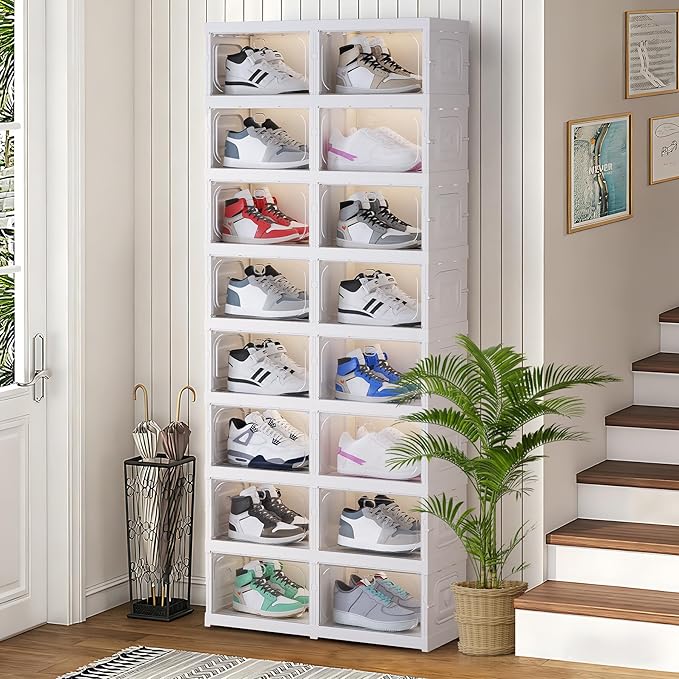 Shoe Box Foldable Storage Box Installation-free Clear Plastic Stackable Shoe Storage Cabinet Shoe Organizer Shoe Container Box with Lids Large Size Shoe Rack (8 Tiers 16 Pairs)