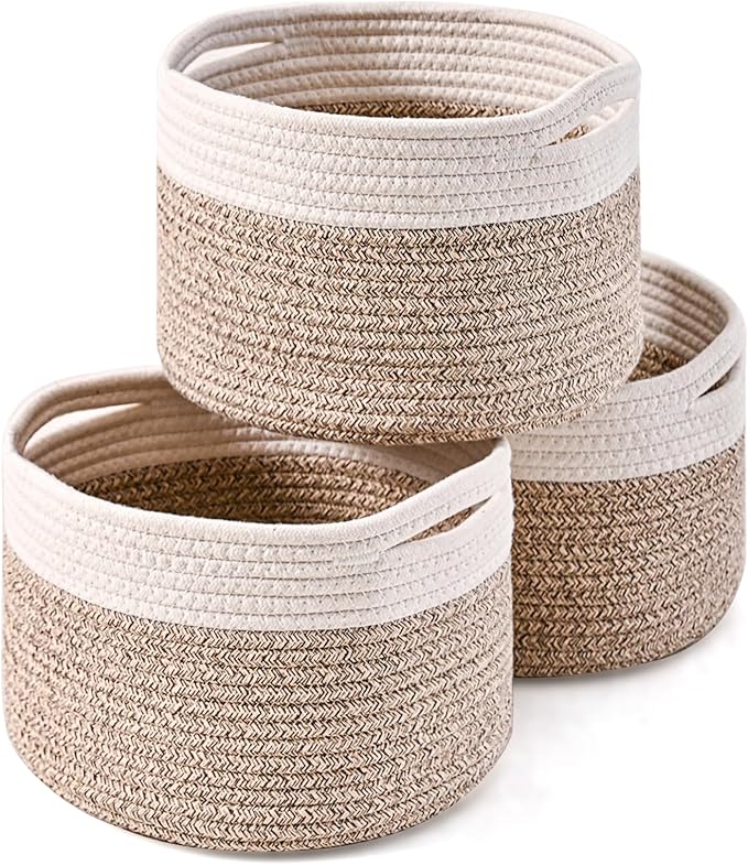 ICERZCZ Small Storage Baskets for Organizing, Organizer Baskets for Shelves, Small Woven Basket for Storage, Cute Brr Basket for Gifts Empty, 9.7"×9.7"×7" (3 Packs) Off White & Brown