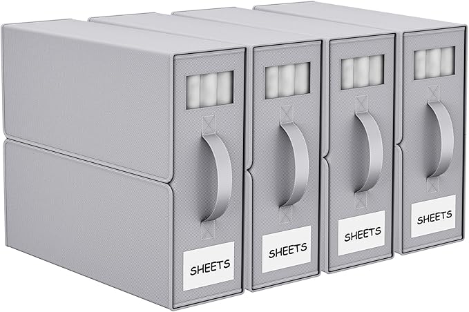 Bed Sheet Organizers and Storage, Foldable Fabric Storage Bins for Bed Sheets Duvet Covers Pillowcases, Closet Organizer, Storage Container Boxes for Blankets, Clothes (4 pack(Queen or King), Grey)