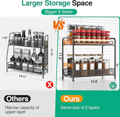 Spice Rack Organizer for Countertop with Wood Top, 2-Tier Foldable Metal Rust-Proof Standing Large Seasoning Storage Shelf with Guardrail & Mesh Design for Kitchen Cabinet Living Room, Black