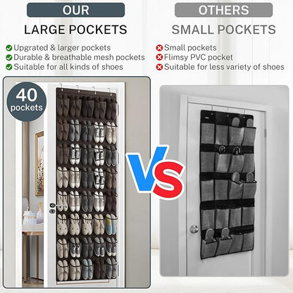 40-Pocket Over the Door Shoe Organizer - Large Mesh Pocket Hanging Shoe Organizer,Behind the Door Shoes Storage Holder Hanger (Coffee color)