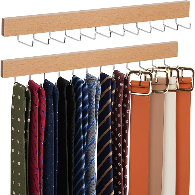 ZEDODIER 2 Pack Wodden Tie Hanger Wall Mounted, Space Saving Belt Organizer for Man with 24 180° Rotating Hooks, Space Saving Belt Storage Holder, Natural