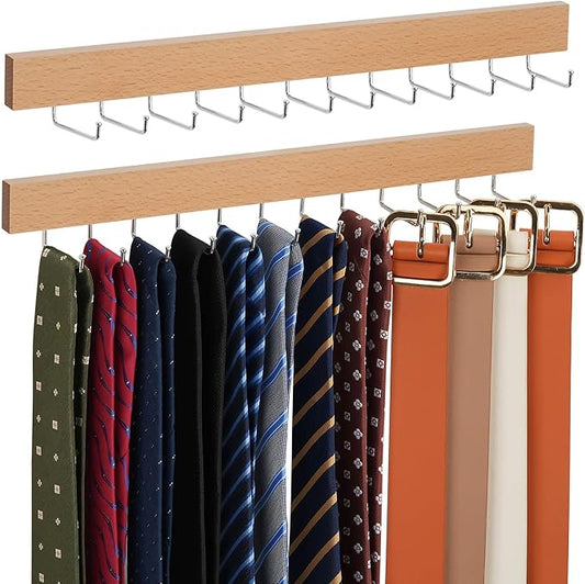 ZEDODIER 2 Pack Wodden Tie Hanger Wall Mounted, Space Saving Belt Organizer for Man with 24 180° Rotating Hooks, Space Saving Belt Storage Holder, Natural