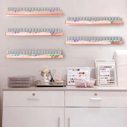Wall-Mounted Nail Polish Organizer Rack - 15-Inch Rose Gold Mirror Finish Nail Polish Shelf, Makeup & Beauty Essentials Storage - Multi-Purpose Display Holder for Small Space, Vanity Bathroom, 6 Pack