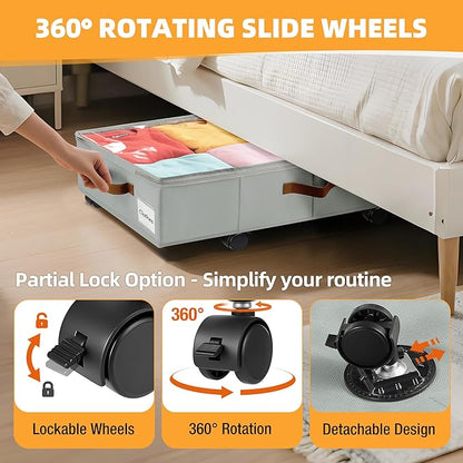 Under Bed Storage with Wheels,Underbed Storage with Sturdy Sidewalls/Bottom, Clear Cover, Label and PU Handle, Rolling Under Bed Drawers for Clothes, Shoes, 5.5 Inch Height,Grey, 2 Pack