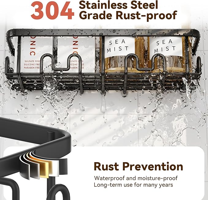 YASONIC Shower Caddy Adhesive 2-Pack, Rustproof Shower Organizer with Holder, No-Drill Shower Shelves for Inside the Shower, Large-Capacity Bathroom Organizers and Storage for Dorms & Renters, Black