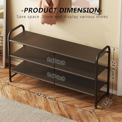 INGIORDAR Shoe Rack 3 Tier Long Storage Organizer Wide Metal Shoe Shelf for Closet Entryway Brown