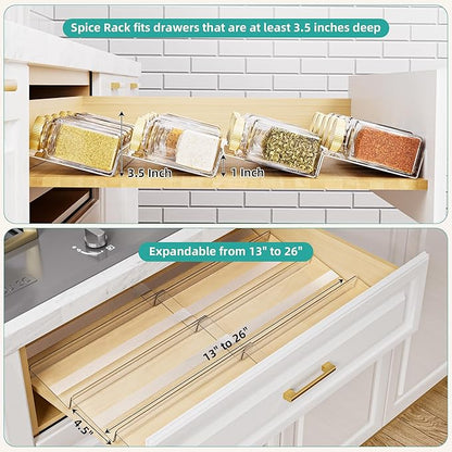 MIUKAA Acrylic Spice Drawer Organizer, 4 Tier - 8 Pack Seasoning Organizer for Drawer, Expandable From 13" to 26" Kitchen Drawer Spice Rack with Slip-Proof Mat (Jars not Included)