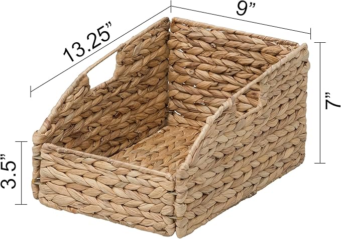 eHemco Trapezoid Woven Hyacinth Wicker Pantry Storage Baskets with Iron Wire Frame, 13.25"x9"x7/3.5", Natural, Set of 2