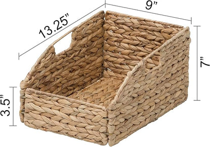 eHemco Trapezoid Woven Hyacinth Wicker Pantry Storage Baskets with Iron Wire Frame, 13.25"x9"x7/3.5", Natural, Set of 2