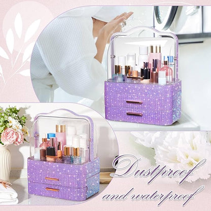 Honeydak Bling Makeup Organizer for Mothers Day Nurses Day Birthday Gifts Rhinestone Cosmetic Display Cases with Transparent Cover, Skincare Perfume Organizer for Countertop, Desk(Purple,Rhinestone)