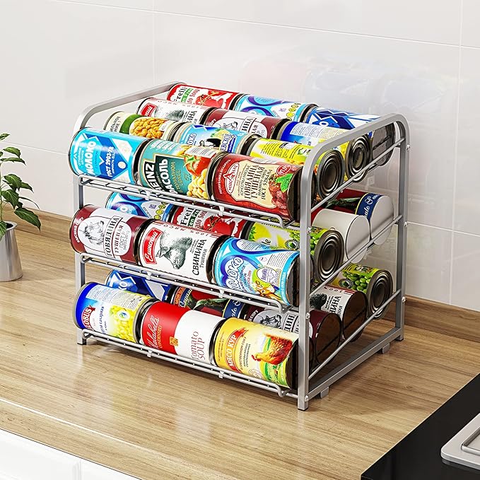 Can Rack Organizer, 3 Tier Stackable Can Storage Dispenser,for Food Storage, Kitchen Cabinets or Pantry, Storage for 36 Cans, Silver