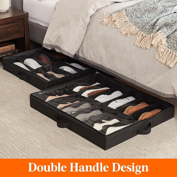 Lifewit Under Bed Shoe Storage Organizer 2 Pack(12 Shoes Cells+4 Boots Cells), 4.3 Inches Profile Fabric Shoes Container Box with Clear Cover, Foldable Storage Bag with 2 Handles, Fits 20 to 32 Pairs