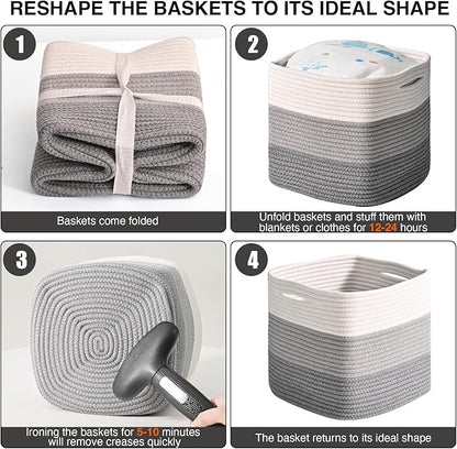 ICERZCZ 11 Inch Cube Storage Bins, Storage Cube Organizer Bins, Woven Cotton Rope Basket for Storage, Storage Baskets for Organizing Shelves, Grey Baskets for Toys, Gradient Grey (Pack of 3)