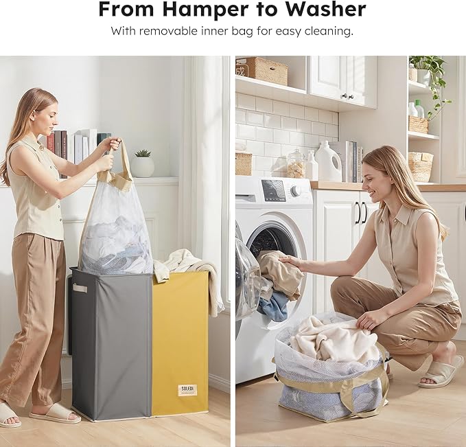 SOLEDI Large Double Laundry Hamper with Lid, Collapsible Clothes Hamper 2 section with Removable Bags, Space-Saving Laundry Basket for Bedroom, Dorm, College