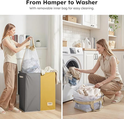 SOLEDI Large Double Laundry Hamper with Lid, Collapsible Clothes Hamper 2 section with Removable Bags, Space-Saving Laundry Basket for Bedroom, Dorm, College