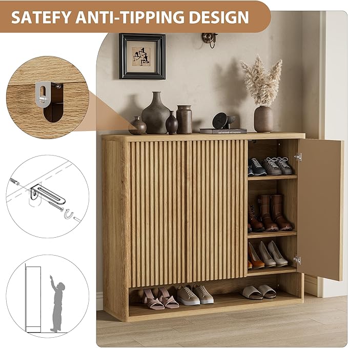 Modern Entryway Shoe Storage Cabinet – 46 Inch Wooden Organizer with Adjustable Shelves, Fluted Door, Holds 30-35 Pairs, Space-Saving Hallway Furniture, Natural Wood Color