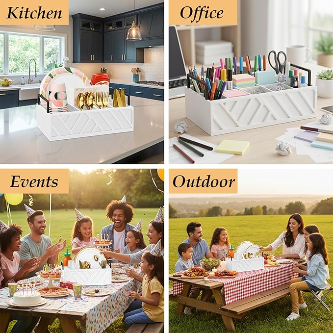 Paper Plate Dispenser with Utensil Caddy, Rustic Wooden 6-Compartment Flatware Organizer for Kitchen Counter, Picnic & Parties (White)