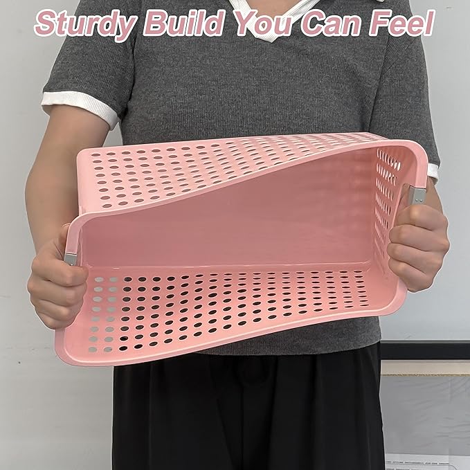 Soddeph Slim Plastic Storage Basket with Handles, Narrow Organizer box for Shelves, Organizer box for Organizing, Kitchen,Home,Office (Pink, Medium)
