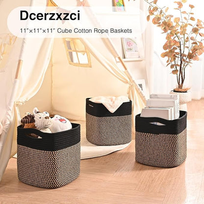 11 Inch Cube Storage Bins, 11x11 Cube Storage Bins for Cube Organizer, Square Cloth Storage Cubes, Woven Storage Baskets for Shelves, Toy Baskets Storage Kids, Black & Jute (Pack of 3)