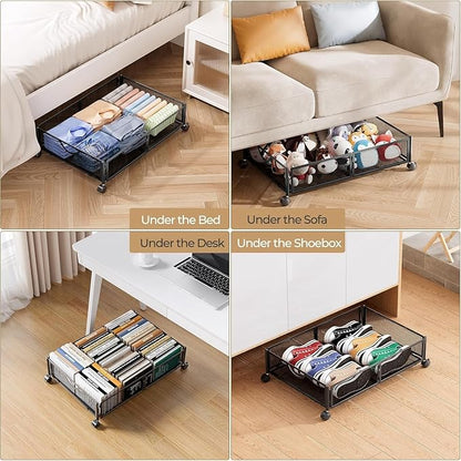 Yecaye Under Bed Storage with Wheels, 2 Pack Under Bed Shoe Storage Organizer Drawer, Tool-free Assembly Metal Underbed Storage Containers for Clothes, Shoes, Toys, Black