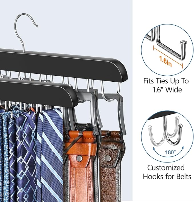 2 Pack Tie Rack & Belt Hanger 2 in 1 Tie Hanger Space Saving Max 42 Belts& 60 Ties Capacity for Closet Organizers and Storage, Sturdy Wood Belt & Tie Collection Organizer