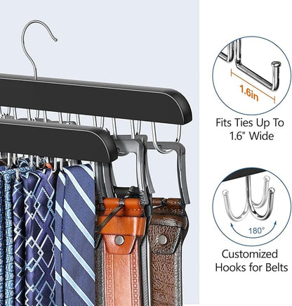 2 Pack Tie Rack & Belt Hanger 2 in 1 Tie Hanger Space Saving Max 42 Belts& 60 Ties Capacity for Closet Organizers and Storage, Sturdy Wood Belt & Tie Collection Organizer