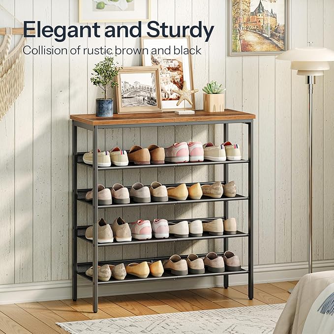 HOOBRO Shoe Rack for Entryway, 5-Tier Shoe Organizer with Adjustable Mesh Shelves, 16-20 Pairs of Shoes, Spacious Floor Mount, Metal, Industrial, Shoe Shelf for Closet, Rustic Brown BF12XJ01