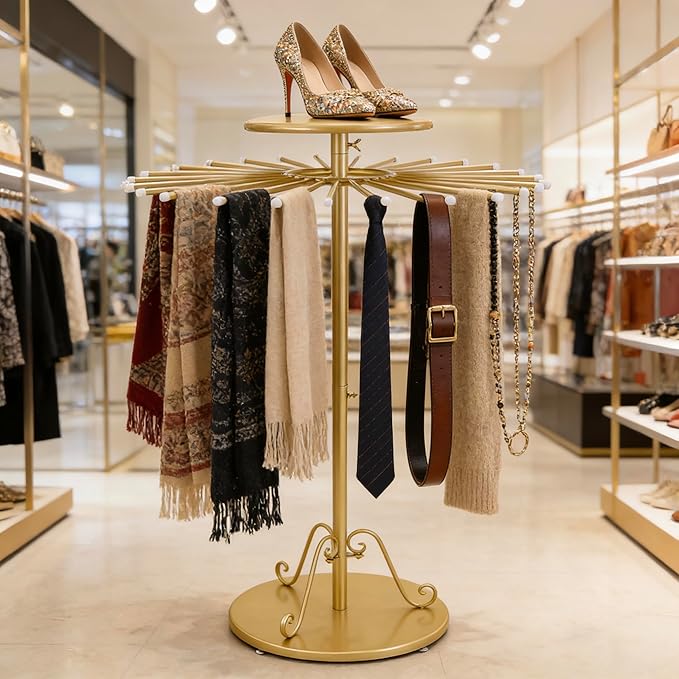 Gold 360°Rotating Scarf Display Tie Rack Belt Hanger Shawl Hijab Stand, Boutique Retail Display Stand Home Organizer Holder for Commercial Clothing Store, Bedroom(49.2in, 30 Hanging Rods)