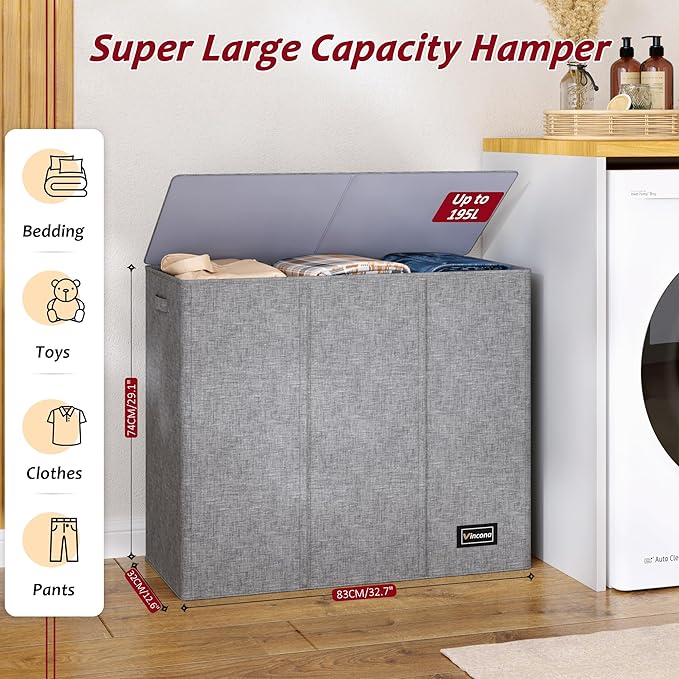 195L Laundry Hamper 3 Section,Large Laundry Hamper with Lid,Dirty Clothes Hamper with 3 Inner Bags,Collapsible Laundry Basket Organizer for Laundry Room,Bedroom,Laundry Sorter Hamper 3 Compartment