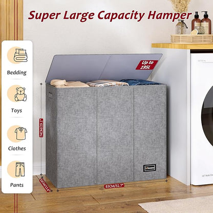 195L Laundry Hamper 3 Section,Large Laundry Hamper with Lid,Dirty Clothes Hamper with 3 Inner Bags,Collapsible Laundry Basket Organizer for Laundry Room,Bedroom,Laundry Sorter Hamper 3 Compartment