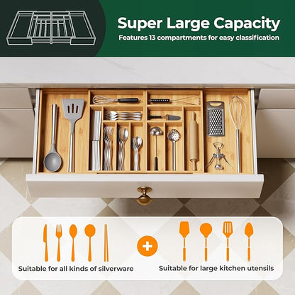 Large Silverware Organizer, 13 Slots Magnetic Connected Expandable Bamboo Utensil Drawer Organizer From 21 to 37.4 Inches, Adjustable Flatware and Cutlery Holder, Utensil Tray for Kitchen Natural