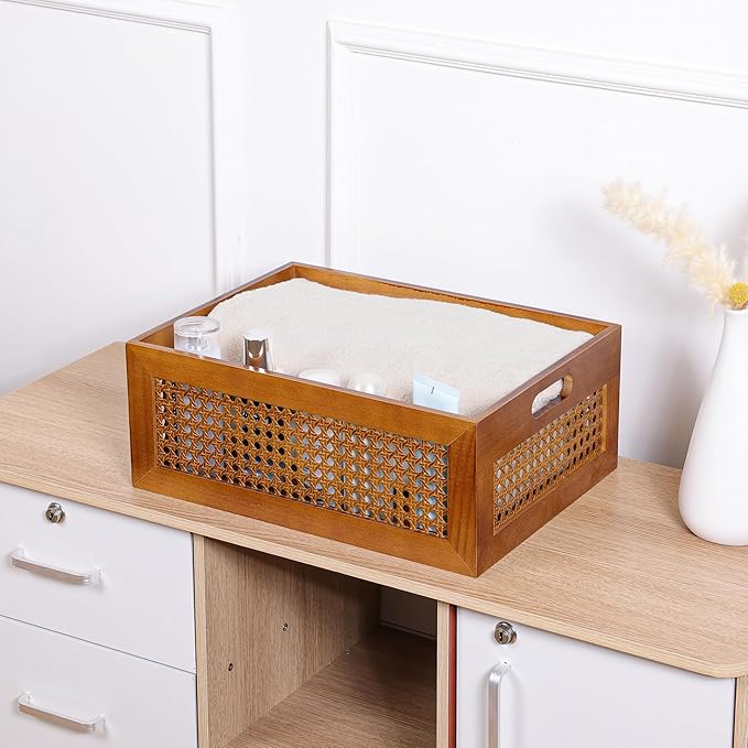 Wooden Storage Basket Handmade Rattan Drawer Storage Box with Frame & Handles Decorative Natural Bamboo Woven Bins Rustic Farmhouse Decor Home Office Tabletop Shelf Organizer 15" x 11" x 5.9"