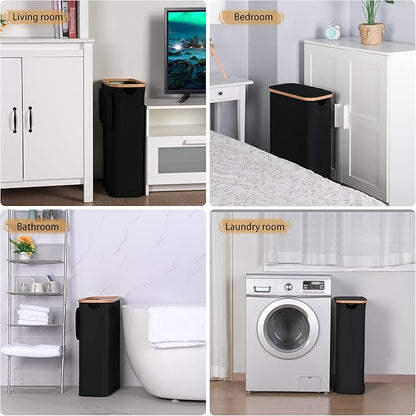 iEGrow 60L Slim Laundry Hamper, Narrow Laundry Basket with Lid,Foldable Clothes Hamper with Bamboo Handles,Hamper Basket with Removable Inner Bag for Laundry Room Bedroom College Dorm,Black