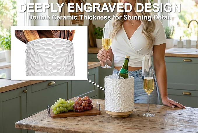 Extra Large 360° Rotating Utensil Holder for Kitchen Counter, 8.3” Cooking Utensil Holder for Countertop with Bamboo Base, White Ceramic Utensil Crock Canister for Cooking Utensils - Engraved Design