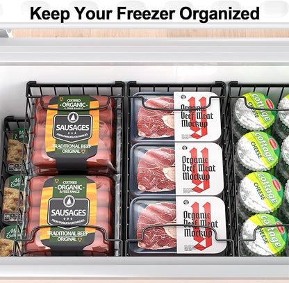 MSERCUOR Freezer Organizer Bins, 4 Pack Stackable Deep Chest Freezer Organizer Bins, Foldable Baskets with Handles, Black Storage Container Baskets for 5/ 7 Cu.FT Deep Freezer Sort Frozen Meats