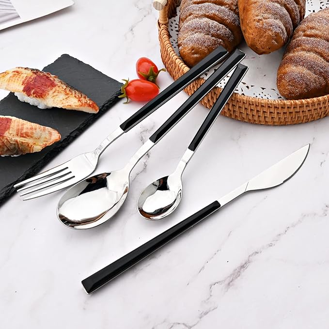 24Pcs Black Handle Flatware Silverware Set with Stand, Silver Stainless Steel Cutlery Set for 6, Square Handle Eating Utensils, Mirror Polished