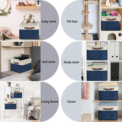 Simple Houseware 15" x 11" Large Fabric Storage Bin for Closet and Shelves, Leather Like Handles, 3 Pack, Steel Blue