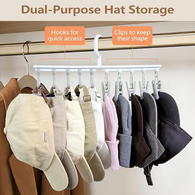 Hat Rack with 5 Hooks & 5 Clips, Adjustable Slide Rails - Space Saving Closet Organizer for Scarves, Belts, Ties, Hats, Underwear