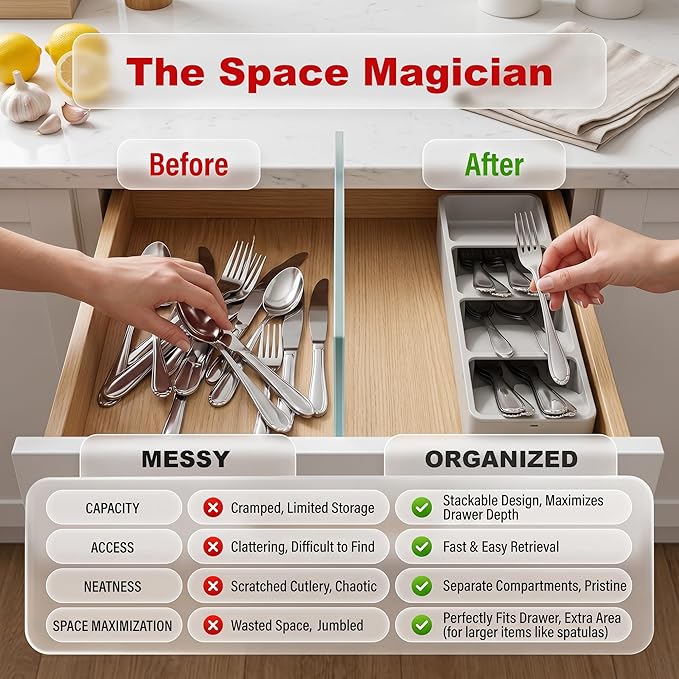 Li & Zhao Silverware Organizer for Drawer - Utensil Drawer Organizer Compact Utensil Organizer Silverware Tray Cutlery Organizer Spoon Drawer Kitchen for Kitchen, Office, Bathroom, Living room