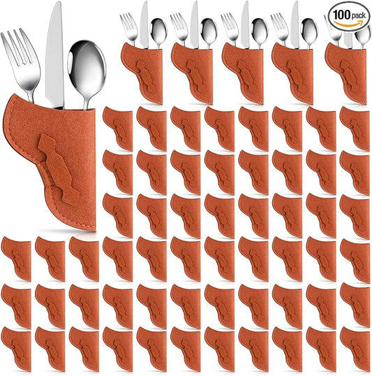 100 Pieces Cowboy Holster Silverware Holders Felt Brown Cutlery Vintage Utensil Pouch Bags Western Party Tableware Supplies Cutlery Sleeve, Brown